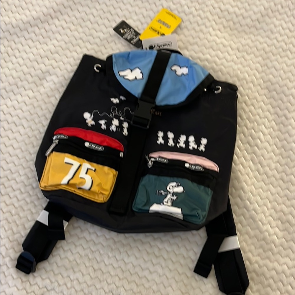 NWT LeSportsac PEANUTS Snoopy Mini Backpack - Black, Blue, Yellow, Green